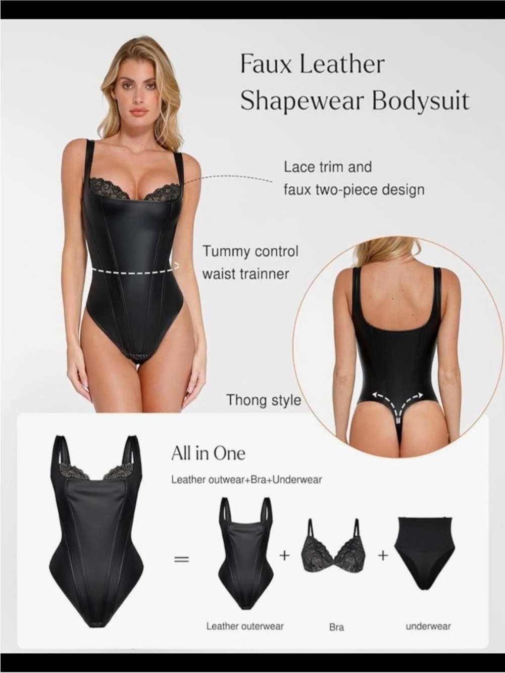 New NWT Popilush Leather bodysuit body contouring faux black leather sz L - Picture 8 of 10